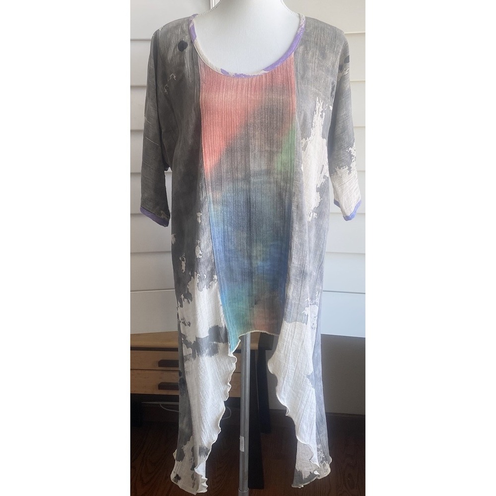 SUCESOS Resort Hand Painted Boho Art-to-Wear Cotton Gauze Tunic S-M Lagenlook